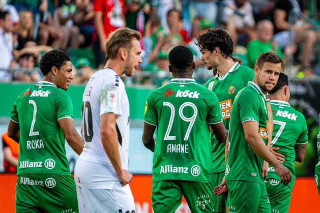 SOCCER - UEFA ECL, Rapid vs Paide VIENNA,AUSTRIA,12.AUG.26 - SOCCER - UEFA Conference League, qualification, SK Rapid Wien vs Paide Linnameeskond. Image shows the disappointment of Martin Miller (Paide) and the rejoicing of Eaden Roka, Romeo Amane, Jakob Schoeller, Louis Schaub and Marco Tilio (Rapid).  GEPAxpictures xKevinxHackner