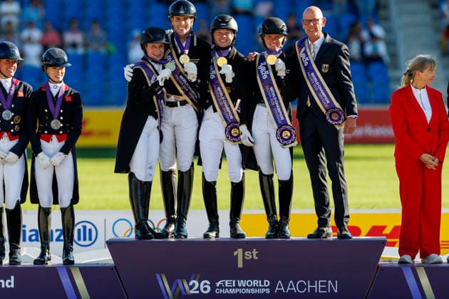 AACHEN - FEI World Championships 2026, AACHEN - FEI World Championships 2026 Team Germany HEMMER Katharina (GER), NETZ Raphael (GER), WANDRES Frederic (GER), WERTH Isabell (GER), ROESER Klaus (Chef dÂ Equipe) Medal ceremony Team FEI Dressage World Championship, WM, Weltmeisterschaft Grand Prix de Dressage Team Finale & Einzelqualifikation Lambertz-Preis Aachen, Reitstadion Soers 12. August 2026 -