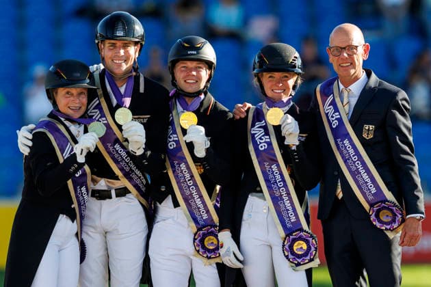AACHEN - FEI World Championships 2026, AACHEN - FEI World Championships 2026 Team Germany HEMMER Katharina (GER), NETZ Raphael (GER), WANDRES Frederic (GER), WERTH Isabell (GER), ROESER Klaus (Chef dÂ Equipe) Medal ceremony Team FEI Dressage World Championship, WM, Weltmeisterschaft Grand Prix de Dressage Team Finale & Einzelqualifikation Lambertz-Preis Aachen, Reitstadion Soers 12. August 2026 -