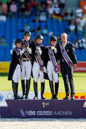 AACHEN - FEI World Championships 2026, AACHEN - FEI World Championships 2026 Team Germany HEMMER Katharina (GER), NETZ Raphael (GER), WANDRES Frederic (GER), WERTH Isabell (GER), ROESER Klaus (Chef dÂ Equipe) Medal ceremony Team FEI Dressage World Championship, WM, Weltmeisterschaft Grand Prix de Dressage Team Finale & Einzelqualifikation Lambertz-Preis Aachen, Reitstadion Soers 12. August 2026 -