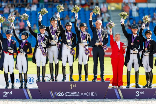 AACHEN - FEI World Championships 2026, AACHEN - FEI World Championships 2026 Team Germany HEMMER Katharina (GER), NETZ Raphael (GER), WANDRES Frederic (GER), WERTH Isabell (GER), ROESER Klaus (Chef dÂ Equipe) Medal ceremony Team FEI Dressage World Championship, WM, Weltmeisterschaft Grand Prix de Dressage Team Finale & Einzelqualifikation Lambertz-Preis Aachen, Reitstadion Soers 12. August 2026 -