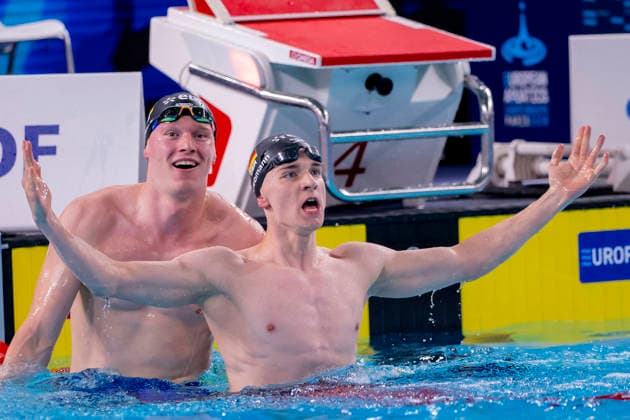 France, Paris, Centre Aquatique Olympique Metropole du Grand Paris, 12.08.2026, European Aquatics Championships, Day 13 - Final Session, Sven Schwarz, Waspo 98 Hannover and Johannes Liebmann, SC Magdeburg, Germany, Photo by Eibner Pressefoto Tino Henschel European Aquatics Championships, Day 13 - Final Session Paris Copyright: xEibnerxPressefotox