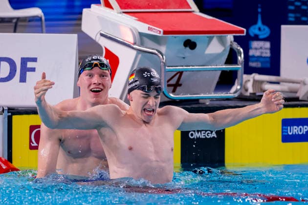 France, Paris, Centre Aquatique Olympique Metropole du Grand Paris, 12.08.2026, European Aquatics Championships, Day 13 - Final Session, Sven Schwarz, Waspo 98 Hannover and Johannes Liebmann, SC Magdeburg, Germany, Photo by Eibner Pressefoto Tino Henschel European Aquatics Championships, Day 13 - Final Session Paris Copyright: xEibnerxPressefotox