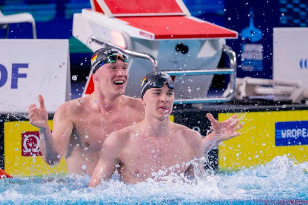 France, Paris, Centre Aquatique Olympique Metropole du Grand Paris, 12.08.2026, European Aquatics Championships, Day 13 - Final Session, Sven Schwarz, Waspo 98 Hannover and Johannes Liebmann, SC Magdeburg, Germany, Photo by Eibner Pressefoto Tino Henschel European Aquatics Championships, Day 13 - Final Session Paris Copyright: xEibnerxPressefotox