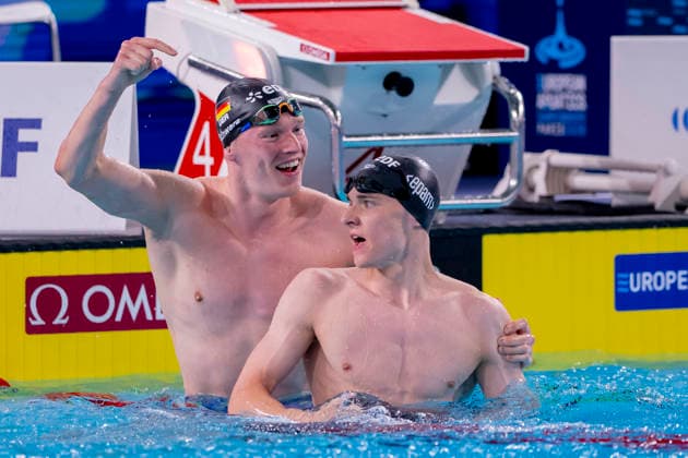 France, Paris, Centre Aquatique Olympique Metropole du Grand Paris, 12.08.2026, European Aquatics Championships, Day 13 - Final Session, Sven Schwarz, Waspo 98 Hannover and Johannes Liebmann, SC Magdeburg, Germany, Photo by Eibner Pressefoto Tino Henschel European Aquatics Championships, Day 13 - Final Session Paris Copyright: xEibnerxPressefotox