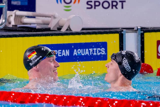 France, Paris, Centre Aquatique Olympique Metropole du Grand Paris, 12.08.2026, European Aquatics Championships, Day 13 - Final Session, Sven Schwarz, Waspo 98 Hannover and Johannes Liebmann, SC Magdeburg, Germany, Photo by Eibner Pressefoto Tino Henschel European Aquatics Championships, Day 13 - Final Session Paris Copyright: xEibnerxPressefotox