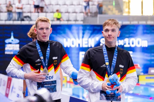 France, Paris, Centre Aquatique Olympique Metropole du Grand Paris, 12.08.2026, European Aquatics Championships, Day 13 - Final Session, Sven Schwarz, Waspo 98 Hannover and Johannes Liebmann, SC Magdeburg, Germany, Photo by Eibner Pressefoto Tino Henschel European Aquatics Championships, Day 13 - Final Session Paris Copyright: xEibnerxPressefotox