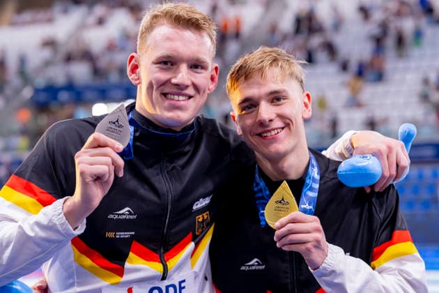 France, Paris, Centre Aquatique Olympique Metropole du Grand Paris, 12.08.2026, European Aquatics Championships, Day 13 - Final Session, Sven Schwarz, Waspo 98 Hannover and Johannes Liebmann, SC Magdeburg, Germany, Photo by Eibner Pressefoto Tino Henschel European Aquatics Championships, Day 13 - Final Session Paris Copyright: xEibnerxPressefotox