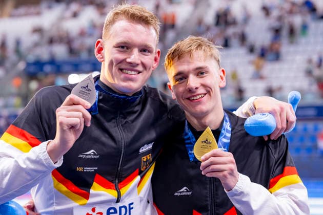 France, Paris, Centre Aquatique Olympique Metropole du Grand Paris, 12.08.2026, European Aquatics Championships, Day 13 - Final Session, Sven Schwarz, Waspo 98 Hannover and Johannes Liebmann, SC Magdeburg, Germany, Photo by Eibner Pressefoto Tino Henschel European Aquatics Championships, Day 13 - Final Session Paris Copyright: xEibnerxPressefotox