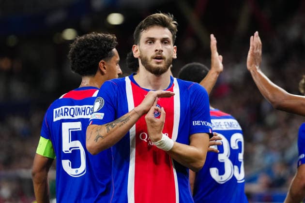 12.08.2026, xydrx, Fußball, UEFA Super Cup, Finale, Paris Saint-Germain - Aston Villa, Saison 2026 2027, Red Bull Arena: Torjubel nach dem Tor zum 1:0 für Paris Saint-Germain durch Torschütze Khvicha Kvaratskhelia (Paris Saint-Germain, 7) Regulations prohibit any use of photographs as image sequences and or quasi-video. Copyright: HMBxMedia YannisxDreimann