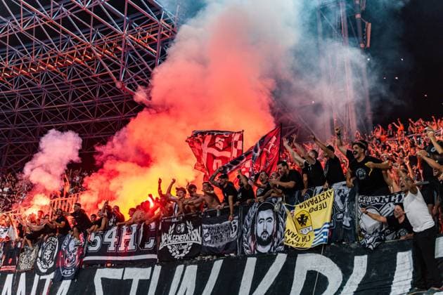 Superbet Supercup Greece, AEK Athen vs. OFI Kreta am 12.08.2026 im Pankritio Stadion in Heraklion OFI Fans feiern den Supercup Sieg Copyright: xBahhoxKarax