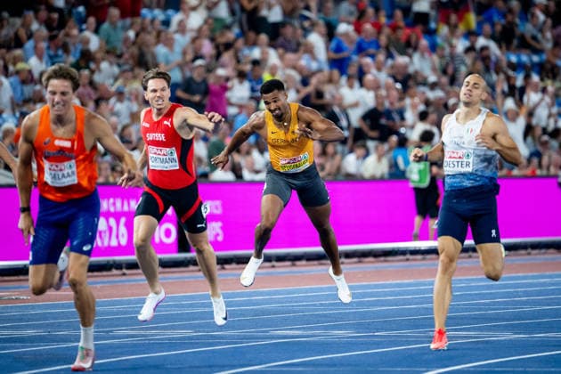 12.08.2026, GBR, Leichtathletik, Europameisterschaft 2026, Abendsession Tag 3, Birmingham Leo Neugebauer ( Deutschland ) im Ziel, davor Jeff Tesselaar ( Niederlande ), Nino Portmann ( Schweiz ), Zehnkampf Herren, 400 Meter Lauf Birmingham Alexander Stadium England Großbritannien Copyright: xNordphoto Memmlerx