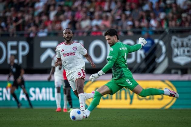NIJMEGEN , 08-07-2026 , Stadium De Goffert , season 2026 2027 , Third qualifying round UEFA Champions League 2nd leg football , match between NEC Nijmegen and Olympiacos , picture shows Olympiacos player Ayoub El Kaabi NEC - Olympiacos  x205660682x Copyright: