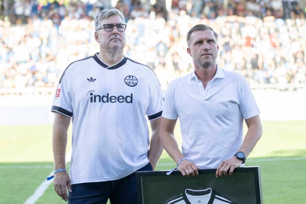 Testspiel: FSV Frankfurt - Eintracht Frankfurt, 12.08.2026 Axel Hellmann (Vorstandssprecher Eintracht Frankfurt) & Markus Krösche (Sportvorstand Eintracht Frankfurt), FSV Frankfurt - Eintracht Frankfurt, Frankfurt, BBBank Arena, 12.8.2026 Copyright: xBEAUTIFULxSPORTS Gawlikx