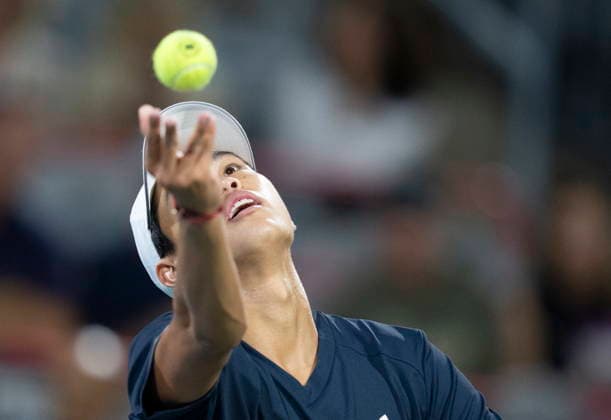 August 12, 2026, Montreal, Pq, Canada: Learner Tien of the United States serves to his compatriot Ben Shelton during semifinal tennis action at the National Bank Open in Montreal on Wednesday, Aug. 12, 2026. Canada News - August 12, 2026  - ZUMAc35_ 20260812_zaf_c35_047 Copyright: xChristinnexMuschix