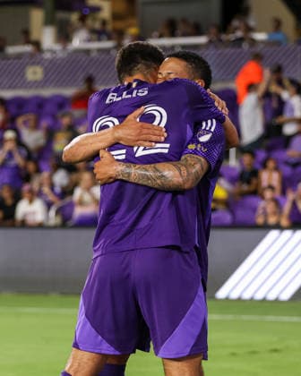 August 12, 2026, Orlando, Florida, USA: Orlando City SC forward JUSTIN ELLIS (22) and midfielder TIAGO SOUZA (11) celebrate a goal by ELLIS during a match against Atlo tico San Luis. Orlando City SC hosted Athletico San Luis in a Leagues Cup match at Inter.Co Stadium in Orlando, FL. Orlando USA - ZUMAm299 20260812_znp_m299_015 Copyright: xTaylorxMcFeex