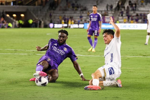 August 12, 2026, Orlando, Florida, USA: Orlando City SC forward DARYL DIKE (9) slides for the ball during a match against Orlando City SC. Orlando City SC hosted Athletico San Luis in a Leagues Cup match at Inter.Co Stadium in Orlando, FL. Orlando USA - ZUMAm299 20260812_znp_m299_018 Copyright: xTaylorxMcFeex