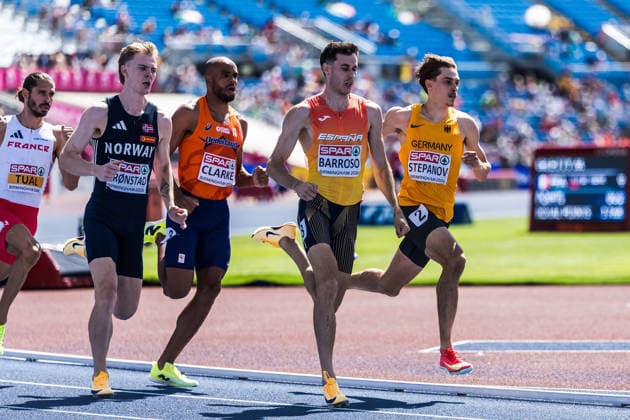 European Athletics Championships; Birmingham, 12.08.2026 BIRMINGHAM, UNITED KINGDOM - AUGUST 12: Alexander Stepanov (GER - Germany), David Barroso (ESP - Spain), Ryan Clarke (NED - Netherlands), Tobias Gronstad (NOR - Norway) compete in the semi final of the mens 800 m on August 12, 2026 in Birmingham, United Kingdom. Copyright: xBEAUTIFULxSPORTS UlfxSchillerx