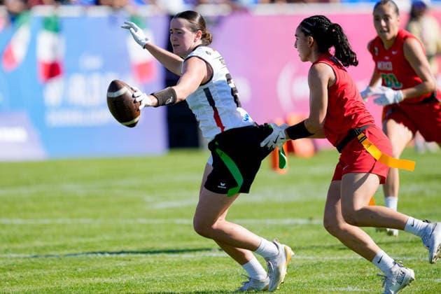 Ellen Marie Riess (Germany) battle for the ball during the Women s 2026 IFAF Flag Football World Championships group stage match between Mexico v Germany at Flag Football Complex Dusseldorf-Garath on August 13, 2026 in Dusseldorf, Germany. (Photo by Alex Gottschalk DeFodi Images) -