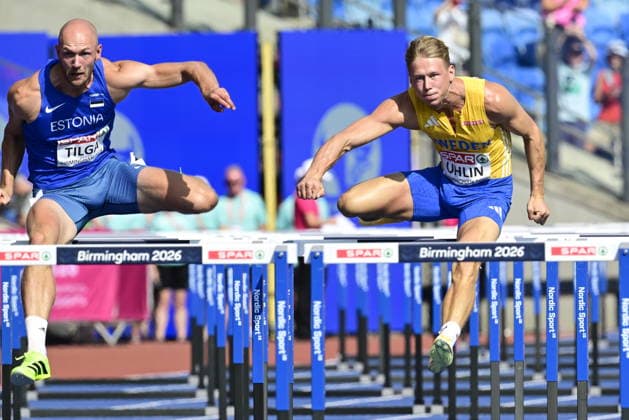 BIRMINGHAM, STORBRITANNIEN 20260813 Karel Tilga och Emil Uhlin under Tiokamp 110 meter häck friidrotts-EM pa Alexander Stadium i Birmingham.