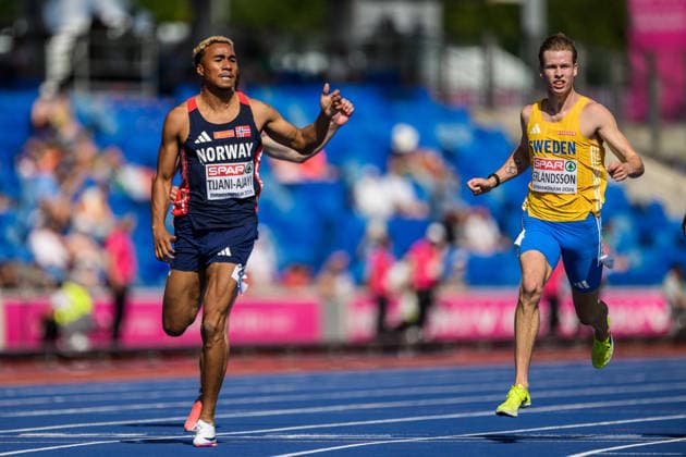 260813 Kenny Emi Tijani-Ajayi of Norway and Erik Erlandsson of Sweden compete in men s 200 meter qualification during day 4 of the 2026 European Athletics Championships on August 13, 2026 in Birmingham. Photo: Maxim Thore BILDBYRAN kod MT MT1068 friidrott athletics friidrett friidrotts-em em friidretts-em 2026 european athletics championships 4 bbeng sweden sverige Copyright: MAXIMxTHORE BB260813MT007