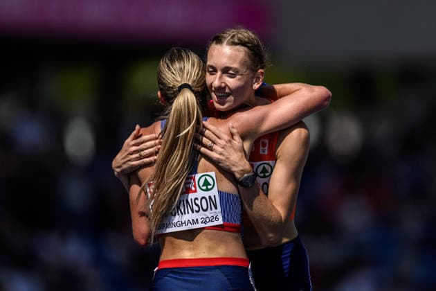 260813 Keely Hodgkinson of Great Britain and Femke Broeders-Bol of Netherlands after competing in women™s 800 meter semi final during day 4 of the 2026 European Athletics Championships on August 13, 2026 in Birmingham. Photo: Mathias Bergeld BILDBYRAN kod MB MT1068 friidrott athletics friidrett friidrotts-em em friidretts-em 2026 european athletics championships 4 bbeng Copyright: MATHIASxBERGELD BB260813MB049