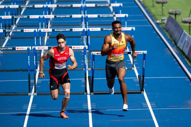 13.08.2026, GBR, Leichtathletik, Europameisterschaft 2026, Morgensession Tag 4, Birmingham Leo Neugebauer ( Deutschland ), Leon Krummenacher ( Schweiz ), Zehnkampf Herren, 110 Meter Hürden Birmingham Alexander Stadium England Großbritannien Copyright: xNordphoto Memmlerx