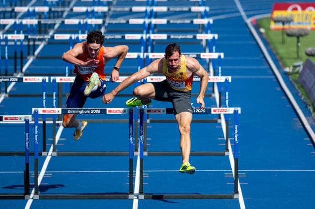 13.08.2026, GBR, Leichtathletik, Europameisterschaft 2026, Morgensession Tag 4, Birmingham Niklas Kaul ( Deutschland ), Jeff Tesselaar ( Niederlande ), Zehnkampf Herren, 110 Meter Hürden Birmingham Alexander Stadium England Großbritannien Copyright: xNordphoto Memmlerx