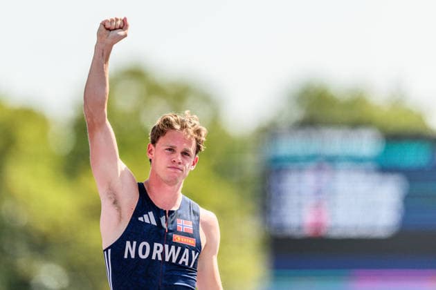 260813 Sander Aae Skotheim of Norway celebrates while competing in men s decathlon pole vault during day 4 of the 2026 European Athletics Championships on August 13, 2026 in Birmingham. Photo: Mathias Bergeld BILDBYRAN kod MB MT1068 friidrott athletics friidrett friidrotts-em em friidretts-em 2026 european athletics championships 4 bbeng decathon tikamp tiokamp norge norway jubel Copyright: MATHIASxBERGELD BB260813MB087