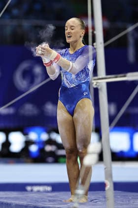 Sanne Wevers, NED, after bars during qualification at 2026 Europeans in Zagreb; 13 08 2026;