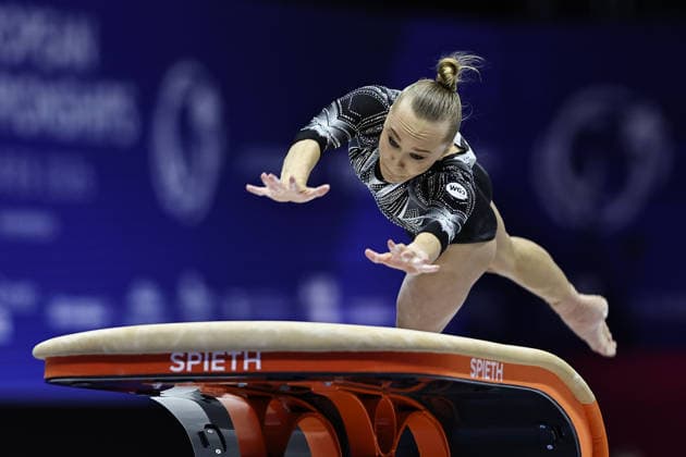 Angelina Melnikova, RUS, during qualification at 2026 Europeans in Zagreb; 13 08 2026;