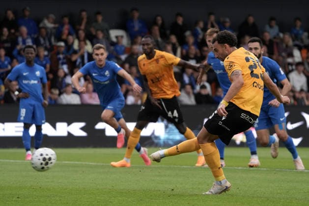 Sebastian Nebyla of Jablonec scores second goal during the UEFA Europa Conference League third qualifying round game between Latvia™s FK RFS and Czech Republic Jablonec FC teams in Riga, Latvia 13.08.2026. Riga Latvia Copyright: xRomanxKoksarovx RKV04818.JPG