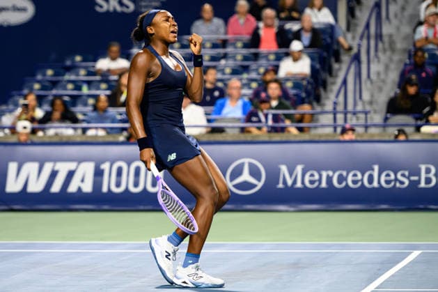 August 13, 2026, Toronto, Ontario, Canada: COCO GAUFF of the United States celebrates winning a point during her semifinal match against Elena Rybakina of Kazakhstan at the National Bank Open, part of the Hologic WTA, Tennis Damen Tour at Sobeys Stadium. Toronto Canada - ZUMAr228 20260813_znp_r228_007 Copyright: xVasiliyxRyabykhx