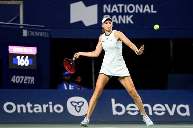 August 12, 2026, Toronto, Ontario, Canada: ELENA RYBAKINA of Kazakhstan returns the ball during her semifinal match against Coco Gauff of the United States at the National Bank Open, part of the Hologic WTA, Tennis Damen Tour at Sobeys Stadium. Rybakina defeated Gauff 5-7, 6-2, 6-2 to advance to the final. Toronto Canada - ZUMAr228 20260812_znp_r228_050 Copyright: xVasiliyxRyabykhx