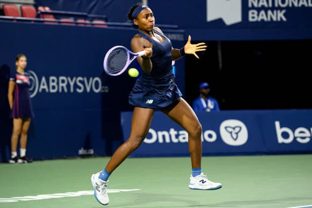 August 13, 2026, Toronto, Ontario, Canada: COCO GAUFF of the United States returns the ball during her semifinal match against Elena Rybakina of Kazakhstan at the National Bank Open, part of the Hologic WTA, Tennis Damen Tour at Sobeys Stadium. Toronto Canada - ZUMAr228 20260813_znp_r228_008 Copyright: xVasiliyxRyabykhx