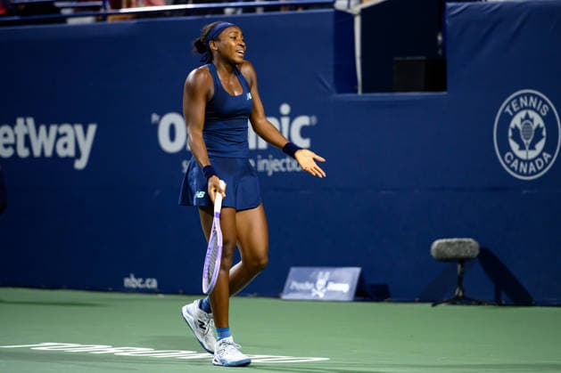 August 12, 2026, Toronto, Ontario, Canada: COCO GAUFF of the United States reacts during her semifinal match against Elena Rybakina of Kazakhstan at the National Bank Open, part of the Hologic WTA, Tennis Damen Tour at Sobeys Stadium. Toronto Canada - ZUMAr228 20260812_znp_r228_053 Copyright: xVasiliyxRyabykhx