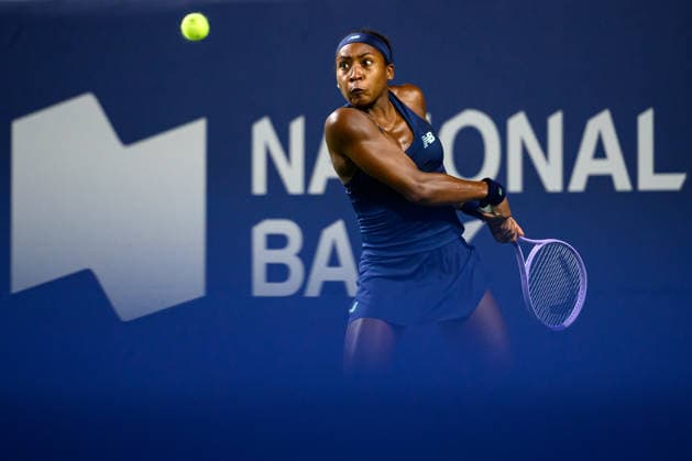 August 12, 2026, Toronto, Ontario, Canada: COCO GAUFF of the United States returns the ball during her semifinal match against Elena Rybakina of Kazakhstan at the National Bank Open, part of the Hologic WTA, Tennis Damen Tour at Sobeys Stadium. Toronto Canada - ZUMAr228 20260812_znp_r228_055 Copyright: xVasiliyxRyabykhx
