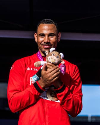 European Athletics Championships; Birmingham, 13.08.2026 BIRMINGHAM, UNITED KINGDOM - AUGUST 13: Jason Joseph (Switzerland) with the gold medal for the 110 m hurdles at the medal ceremony at the European Athletics Championships; Birmingham on August 13, 2026 in Birmingham, United Kingdom. Copyright: xBEAUTIFULxSPORTS UlfxSchillerx
