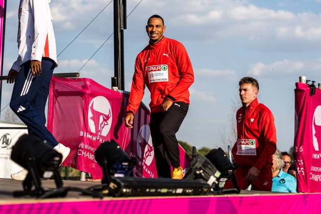 European Athletics Championships; Birmingham, 13.08.2026 BIRMINGHAM, UNITED KINGDOM - AUGUST 13: Jason Joseph (Switzerland), and Jakub Szymanski (POL - Poland) enter the podium for the medal ceremony for the 110 m hurdles at the European Athletics Championships; Birmingham on August 13, 2026 in Birmingham, United Kingdom. Copyright: xBEAUTIFULxSPORTS UlfxSchillerx