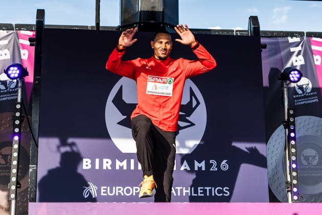 European Athletics Championships; Birmingham, 13.08.2026 BIRMINGHAM, UNITED KINGDOM - AUGUST 13: Jason Joseph (Switzerland) steps on the podium for the medal ceremony for the 110 m hurdles at the European Athletics Championships; Birmingham on August 13, 2026 in Birmingham, United Kingdom. Copyright: xBEAUTIFULxSPORTS UlfxSchillerx