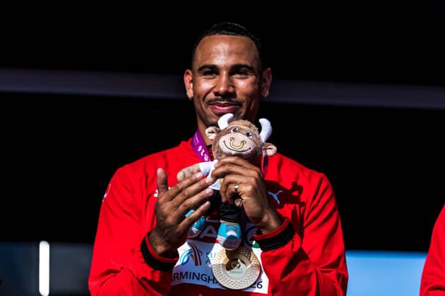 European Athletics Championships; Birmingham, 13.08.2026 BIRMINGHAM, UNITED KINGDOM - AUGUST 13: Jason Joseph (Switzerland) with the gold medal for the 110 m hurdles at the medal ceremony at the European Athletics Championships; Birmingham on August 13, 2026 in Birmingham, United Kingdom. Copyright: xBEAUTIFULxSPORTS UlfxSchillerx