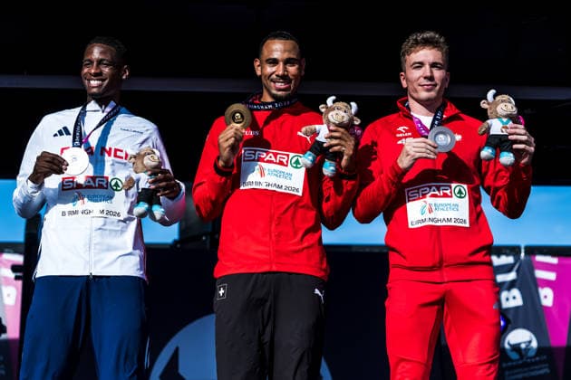 European Athletics Championships; Birmingham, 13.08.2026 BIRMINGHAM, UNITED KINGDOM - AUGUST 13: left to right: Just Kwaou-Mathey (FRA - France), Jason Joseph (Switzerland), Jakub Szymanski (POL - Poland) with the medals in the 110 m hurdles at the medal ceremony at the European Athletics Championships; Birmingham on August 13, 2026 in Birmingham, United Kingdom. Copyright: xBEAUTIFULxSPORTS UlfxSchillerx