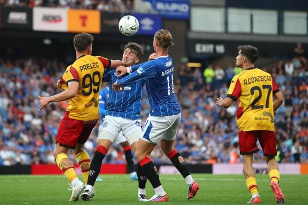 Dan Neil of Rangers battles for the ball with Nik Prelec of Jagiellonia Bialystok during the Europa League qualifying match at Ibrox Stadium, Glasgow. Rangers v Jagiellonia Bialystok - UEFA Europa League 3rd Round Qualifying - Ibrox Stadium, Glasgow, Lanarkshire, Scotland, UK - 13 Aug 2026Glasgow Ibrox Lanarkshire United Kingdom EDITORIAL USE ONLY  Copyright: xO Rourke RangersxFC Shutterstockx 17070075g