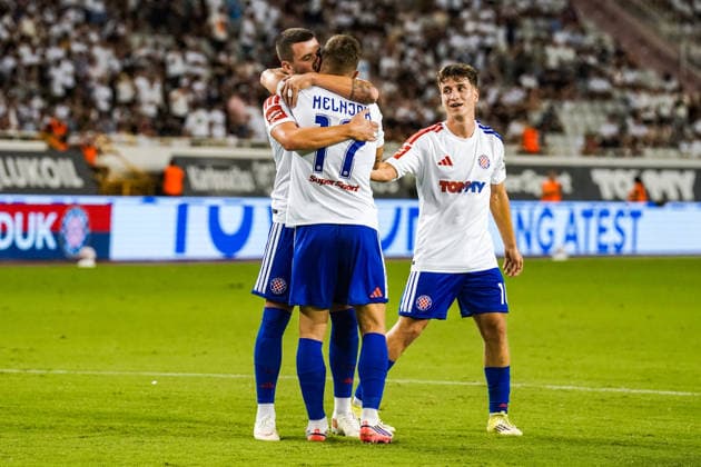 Fussball: Kroatien: UEFA Conference League Qualifikation 2026 2027 - 3. Runde, 13.08.2026 - HNK Hajduk Split (Kroatien) vs. FK Zalgiris Vilnius (Litauen) - Stadion Poljud (Split, Kroatien); Dario Maresic (Hajduk Split) und Dario Melnjak (Hajduk Split) bejubeln das Tor zum 1-0 Copyright: xLUKAxKOLANOVICx