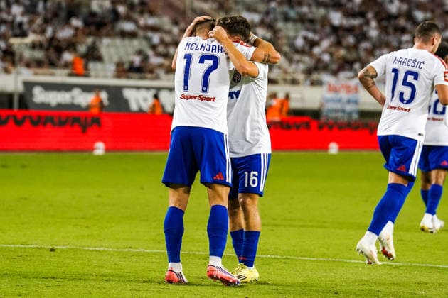 Fussball: Kroatien: UEFA Conference League Qualifikation 2026 2027 - 3. Runde, 13.08.2026 - HNK Hajduk Split (Kroatien) vs. FK Zalgiris Vilnius (Litauen) - Stadion Poljud (Split, Kroatien); Dario Melnjak (Hajduk Split) und Andelo Sutalo (Hajduk Split) bejubeln das Tor zum 1-0 Copyright: xLUKAxKOLANOVICx