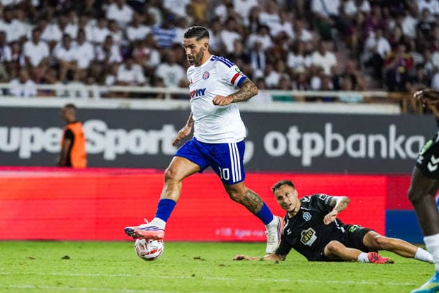Fussball: Kroatien: UEFA Conference League Qualifikation 2026 2027 - 3. Runde, 13.08.2026 - HNK Hajduk Split (Kroatien) vs. FK Zalgiris Vilnius (Litauen) - Stadion Poljud (Split, Kroatien); Marko Livaja (Hajduk Split), Dominik Franke (FK Zalgiris) Copyright: xLUKAxKOLANOVICx