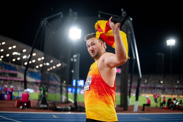 13.08.2026, GBR, Leichtathletik, Europameisterschaft 2026, Abendsession Tag 4, Birmingham Henrik Janssen ( Deutschland ) jubelt über Platz 3 und Bronze Medaille, Diskuswurf Herren, Finale Birmingham Alexander Stadium England Großbritannien Copyright: xNordphoto Memmlerx