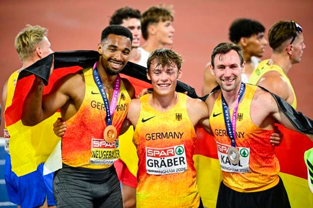 Leo NEUGEBAUER (Germany, VfB Stuttgart, 100m DECATHLON Men), Amadeus GRAEBER (Germany, Eintracht Frankfurt, 100m DECATHLON Men), Niklas KAUL (Germany, USC Mainz, 100m DECATHLON Men) GBR, European Athletics Championships, Athletics, 13.08.2026, GBR, European Athletics Championships, Athletics, 13.08.2026, Birmingham Copyright: xEibnerxPressefoto JanxPapenfussx EP_JPS