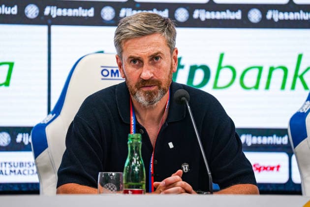 Fussball: Kroatien: UEFA Conference League Qualifikation 2026 2027 - 3. Runde, 13.08.2026 - HNK Hajduk Split (Kroatien) vs. FK Zalgiris Vilnius (Litauen) - Stadion Poljud (Split, Kroatien); Pressekonferenz mit Trainer Andrius Skerla (FK Zalgiris) Copyright: xLUKAxKOLANOVICx