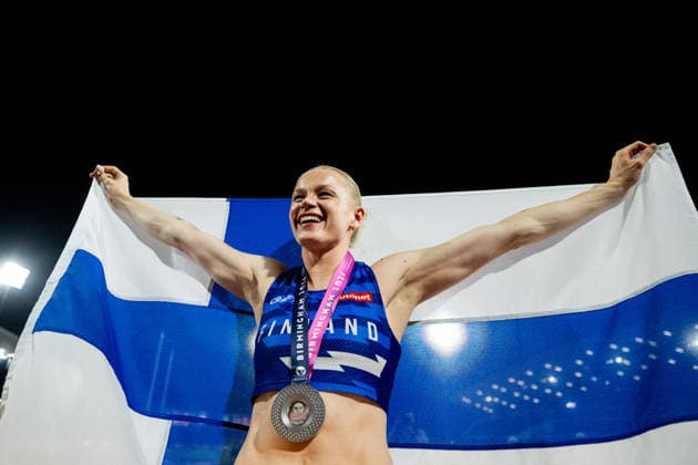 260813 Wilma Heltelä of Finland celebrates after women™s pole vault final during day 4 of the 2026 European Athletics Championships on August 13, 2026 in Birmingham. Photo: Mathias Bergeld BILDBYRAN kod MB MT1068 friidrott athletics friidrett friidrotts-em em friidretts-em 2026 european athletics championships 4 bbeng Copyright: MATHIASxBERGELD BB260813MB180